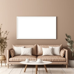 Beige Leather Sofa White Coffee Table Mockup Frame Minimalist Living Room