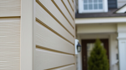 Close-up view of light beige horizontal vinyl siding on a house exterior. The siding shows a wood-grain texture. A blurred house entrance and landscaping are visible in the background.