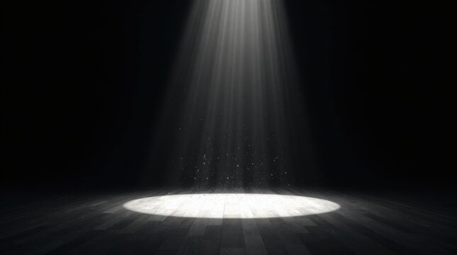 Dark Room with Bright Spotlight on Wooden Floor and Dust Particles