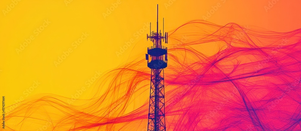 Poster silhouette of a radio tower with an abstract design in the background.