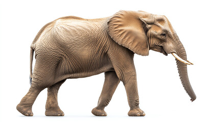 Fototapeta premium Side view full body length portrait of elephant standing or walking isolated on white background. large strong safari africa wildlife nature mammal with trunk and tusk, huge powerful herbivore.