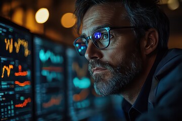 Financial Analyst Reviewing Stock Charts in Modern Office