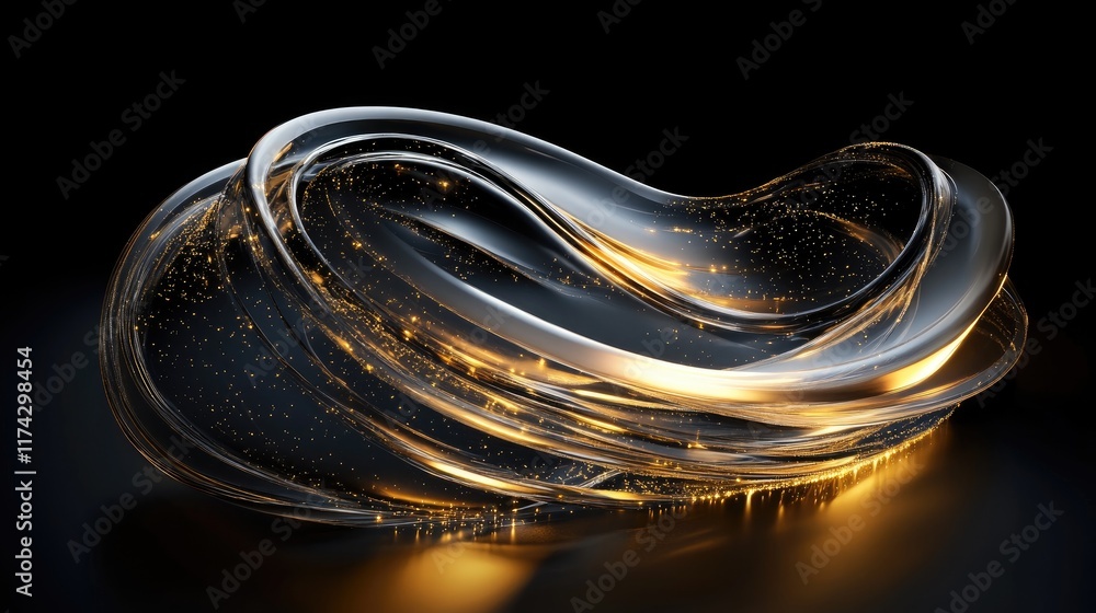 Poster abstract golden wave form with sparkles in dark background