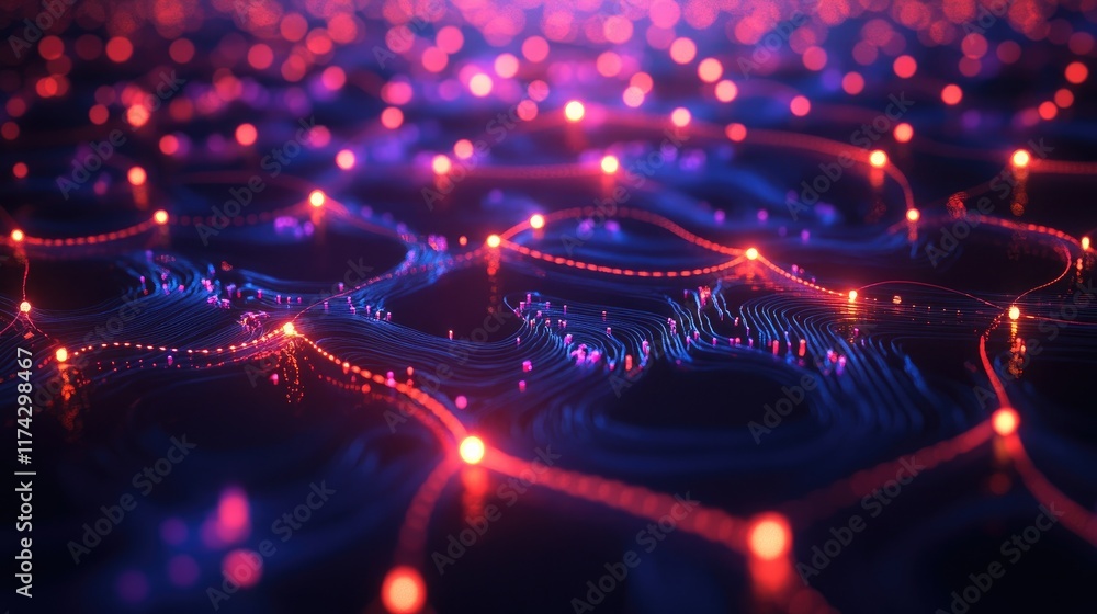 Poster abstract digital landscape with glowing nodes and flowing lines