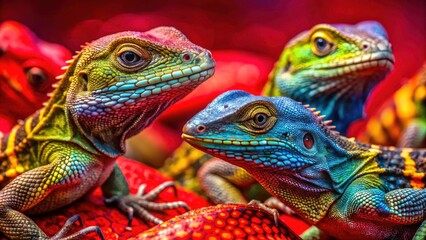 Obraz premium Rule of thirds perfectly frames a colorful lizard against a bold red background. A captivating photograph.