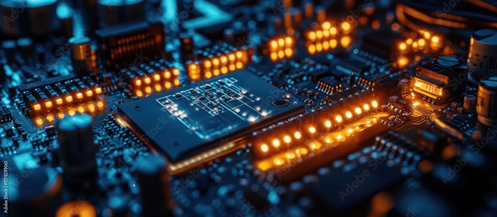 Aufkleber close up of a circuit board with glowing components.