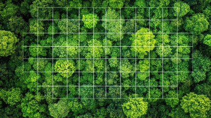 Aerial view of lush green forest canopy divided into a grid. Useful for environmental monitoring land management or resource assessment.