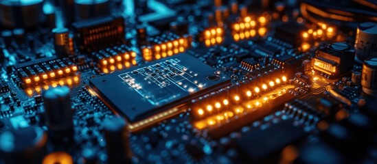 Obraz premium Close up of a circuit board with glowing components.