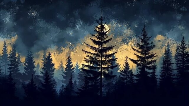 Mysterious night forest illuminated by a full moon against a dark sky with scattered clouds and silhouettes of tall trees