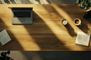 Hyperrealistic Workspace Desk Setup with Laptop and Coffee