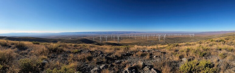 Fototapeta premium Wind energy production landscape of wind turbines renewable energy site vast open fields panoramic view sustainable future