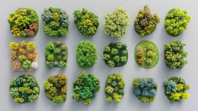 Top-down view of small islands covered with various trees and bushes. Ideal for architectural models, landscape design, or game development. - Powered by Adobe