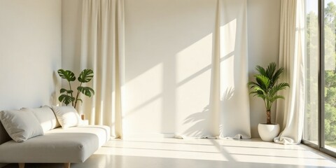Naklejka premium Serene Minimalist Living Room with Sunlight Streaming Through Sheer Curtains and Lush Greenery