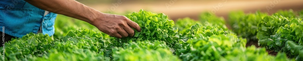 Poster a farmer inspecting rows of cos lettuce in an open field.