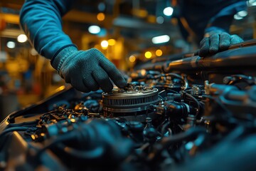 Mechanic Working on Car Engine in Garage