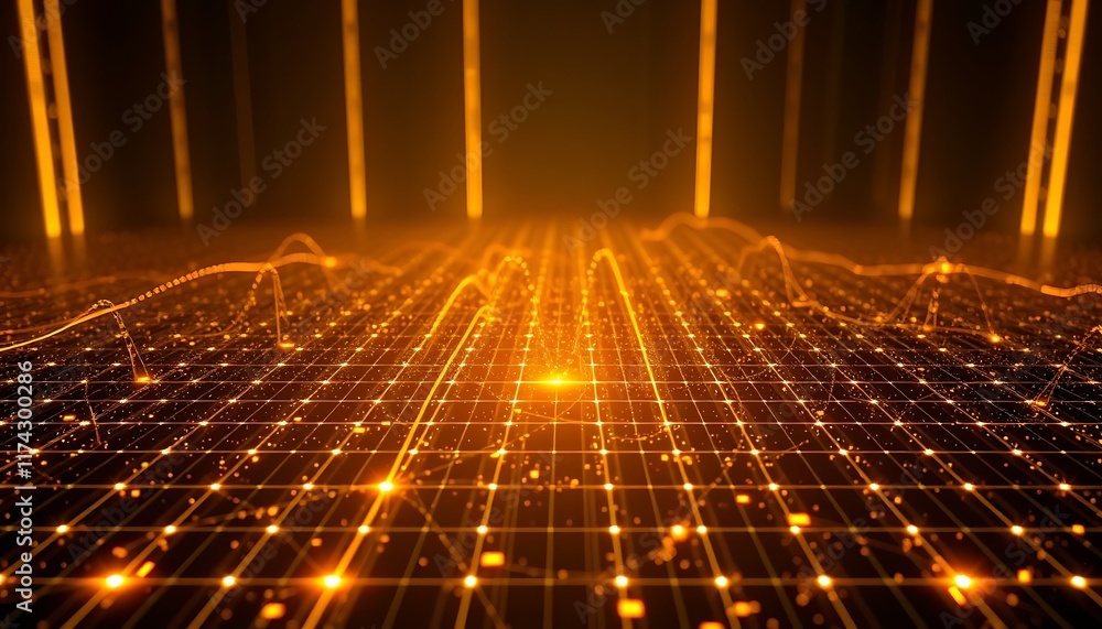 Poster golden grid network abstract digital data visualization