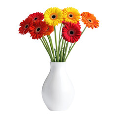 Colorful gerbera daisies bouquet in a white vase isolated on white or transparent PNG