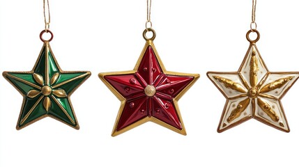 Set of three star-shaped Christmas ornaments with metallic gold edges.  Green, red, and cream centers add a festive touch. Perfect for hanging on trees or garland.