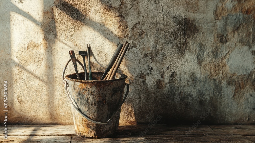 Poster a rustic bucket filled with tools stands against a weathered wall, illuminated by soft light, creati