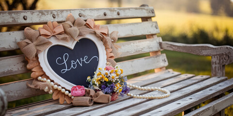 Rustic Heart Shaped Chalkboard Sign with Flowers and Pearls on Bench