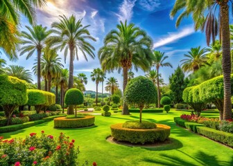 Fototapeta premium Lush Park Scene, Exotic Palm Trees, Trimmed Trees