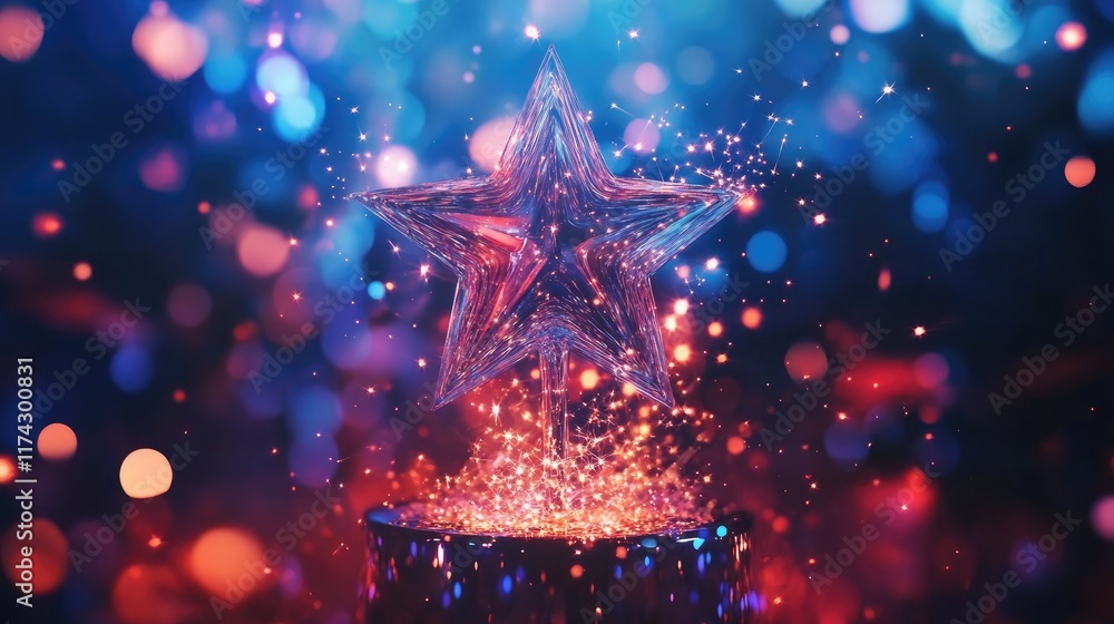 Poster glowing sparkling star on colorful bokeh background