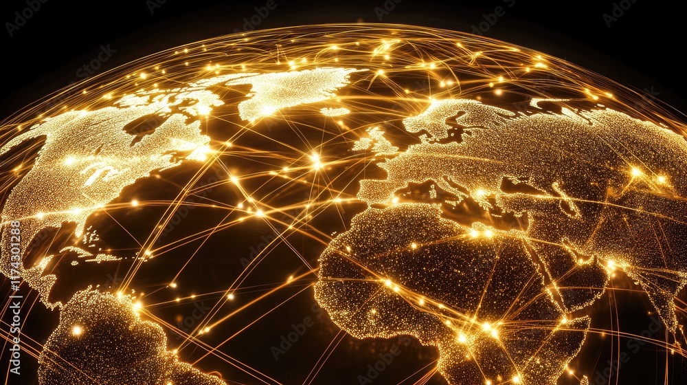 Poster detailed global network visualization with bright illuminated lines