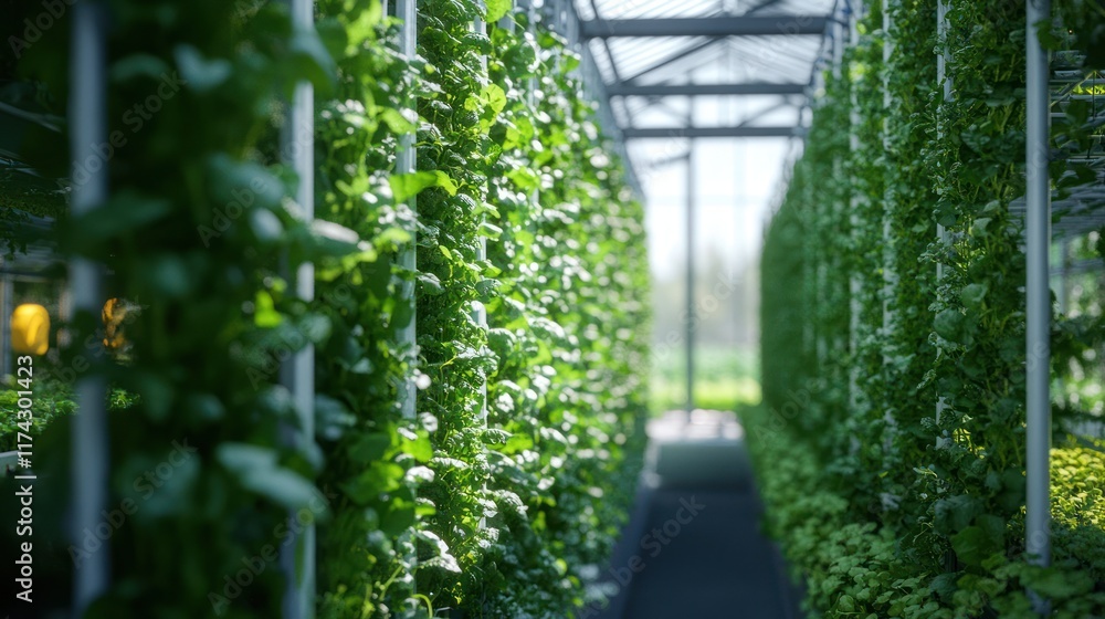 Poster a modern vertical farm with rows of green leafy vegetables growing in a controlled environment.