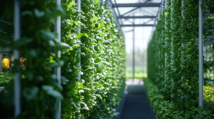 A modern vertical farm with rows of green leafy vegetables growing in a controlled environment.