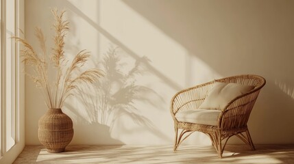 Fototapeta premium Empty beige wall mockup in boho room interior with wicker armchair and vase. Natural daylight from a window. Promotion background.