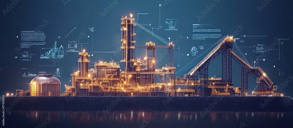 Aufkleber an illuminated industrial complex with a conveyor belt system against a dark blue sky with data visu