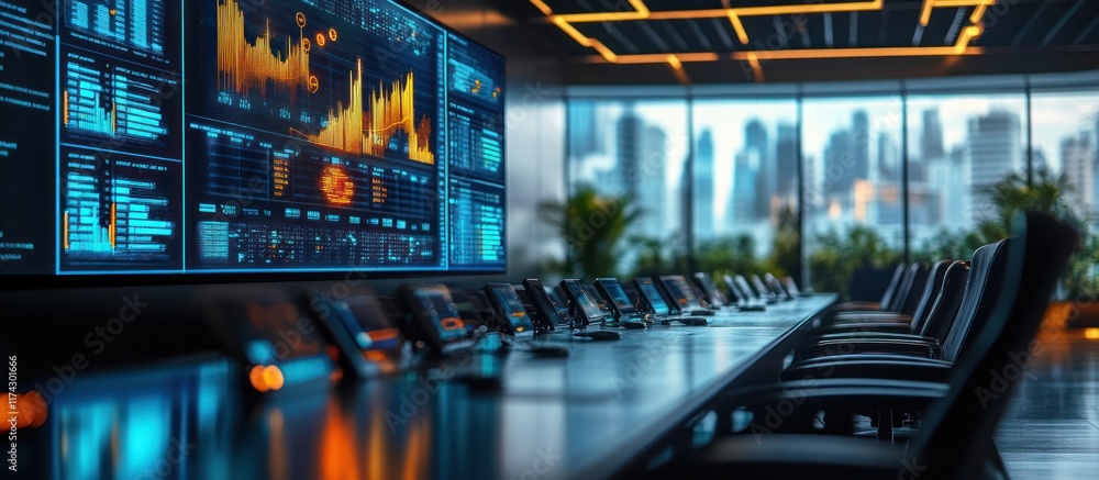 Poster a modern conference room with a large screen displaying financial data and a row of chairs in the fo