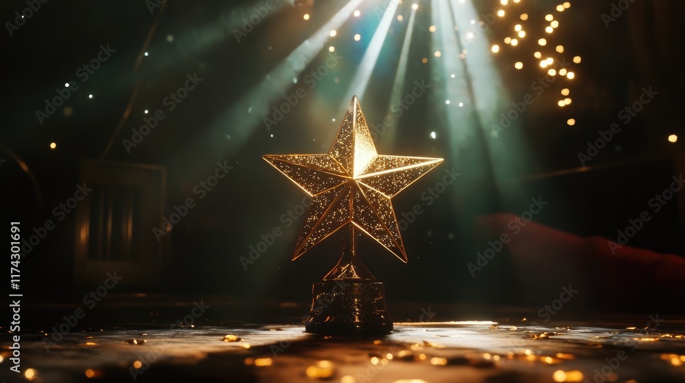 Poster gleaming golden star trophy with rays of light and sparkling background