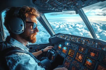 Fototapeta premium Pilot Adjusts Controls in Cockpit of Airplane