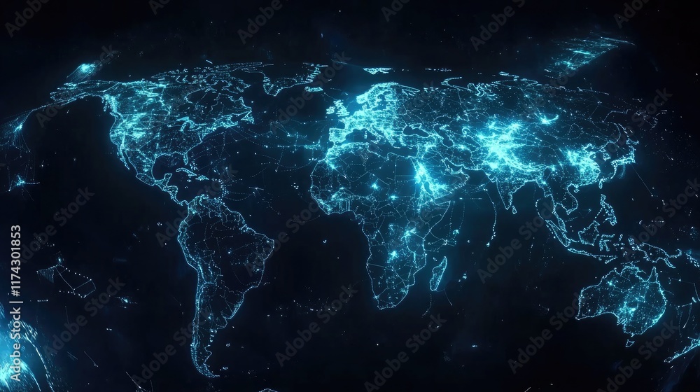 Poster futuristic digital map of the world with glowing connections and data