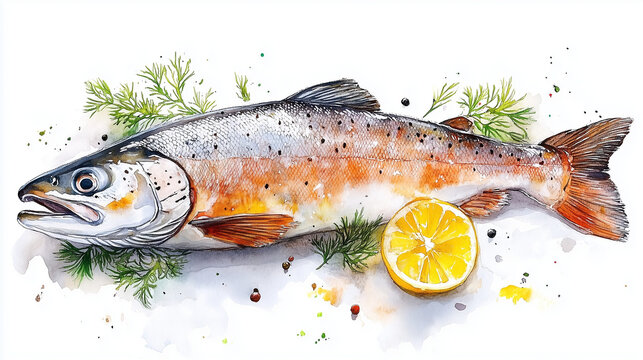 A beautifully hand-painted watercolor salmon fish with lemon | Perfect for restaurant menus, seafood packaging, culinary blogs, recipe books, and ocean-themed designs