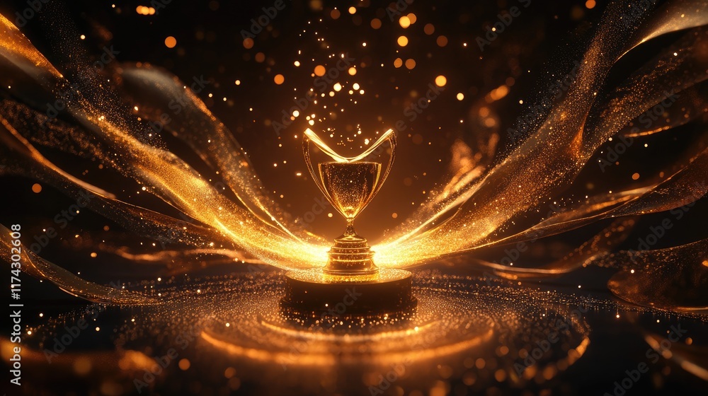 Poster Glowing Trophy Surrounded by Sparkling Lights and Abstract Patterns