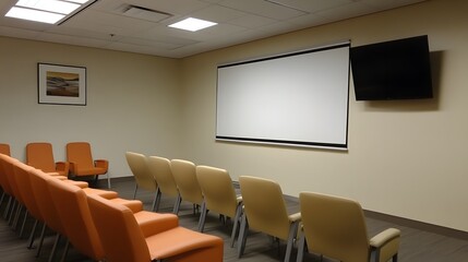 An empty poster hangs on the wall of a meeting room, creating a blank canvas for potential messages or images in a professional setting
