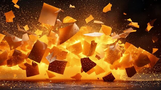 Cheese Explosion: A dramatic and vibrant image of a cheese explosion. The cheese chunks are flying through the air and creating a powerful, dynamic scene.  