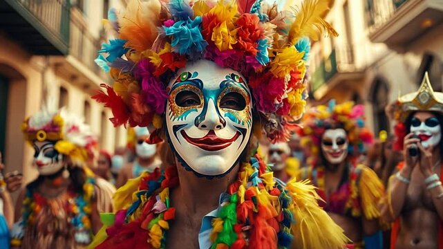 Carnival Revelry: A vibrant close-up captures a masked figure at a lively Carnival parade, adorned with flamboyant feathers and colorful decorations, embodying the spirit of festive celebration. 