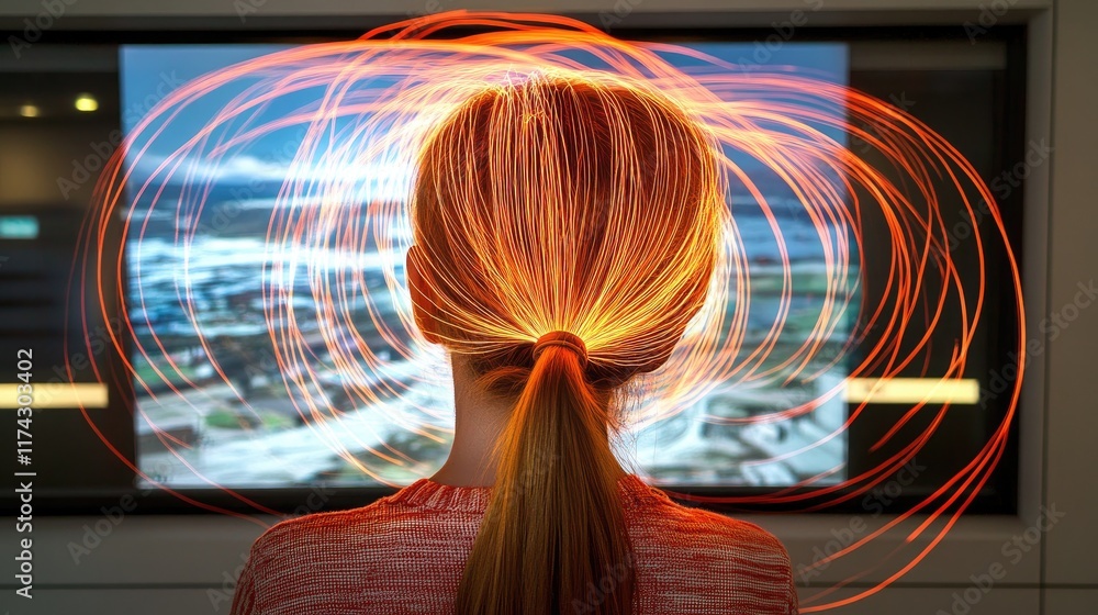 Poster Dynamic Light Patterns Emanating from a Person's Head in Office