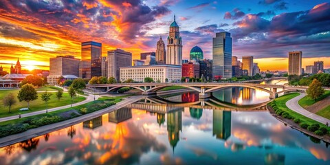 Stunning panoramic photo: Columbus skyline, iconic bridge, and captivating river reflections.