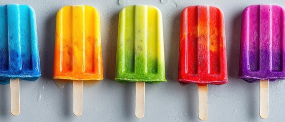 Closeup of textured popsicles with colorful drips, abstract food art, concept of vibrant flavor explosion