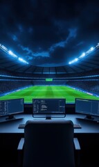 Fototapeta premium Modern Sports Analytics Room Overlooking a Brightly Lit Stadium with Lush Green Field and Dramatic Sky