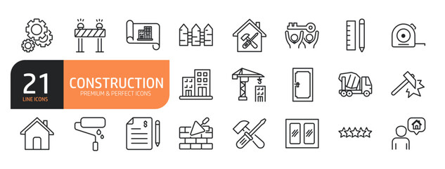 Set of line icons related to Construction, home repair, engineering, containing crane, building, tools and more. Outline icons collection. Editable stroke. Vector illustration.