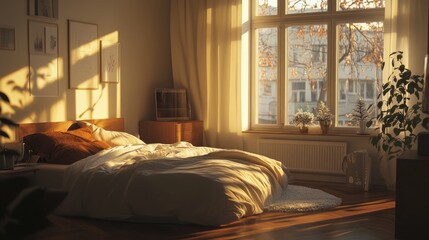 Fototapeta premium Cozy Bedroom with Natural Light and Warm Color Palette in Evening
