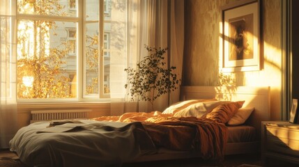 Fototapeta premium Cozy Bedroom with Warm Light and Autumn Views Through Window