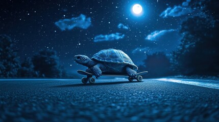 A turtle skateboards under a starry night sky illuminated by the moon, creating a whimsical and serene scene on a quiet road.