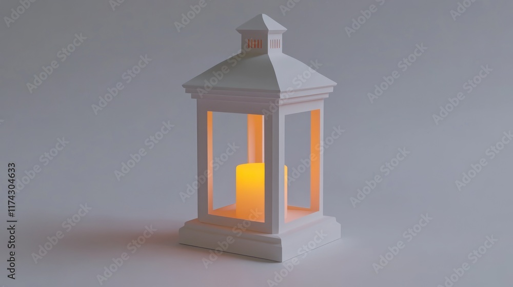 Poster a minimalist white lantern with a glowing candle inside. perfect for creating a calming ambiance in 