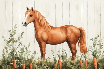 A realistic illustration of a horse beside carrots and greenery against a wooden backdrop.